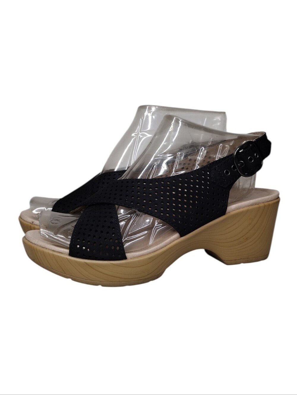 Dansko Jacinda Black Perforated Leather Criss-Cross Wedge Sandal Sz 7